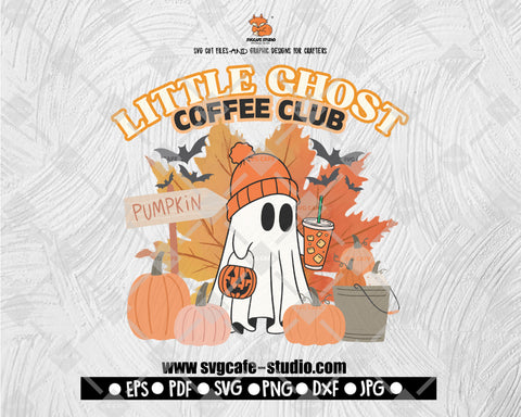 Little Ghost Coffee Club Png Svg, Retro Spooky Trendy Cute Autumn Fall Halloween Pumpkin Spice Lover Ghost SVG PNG Shirt Sublimation Designs