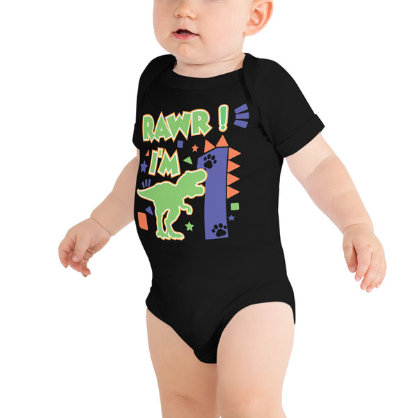 Rawr I'm 1 (One) - 1st First Birthday Dinosaur Shirt - 1 Years Old - Dinosaur Party - Dino Shirt - T Rex Birthday Shirt - Trendy Kids Shirt, Baby short sleeve one piece