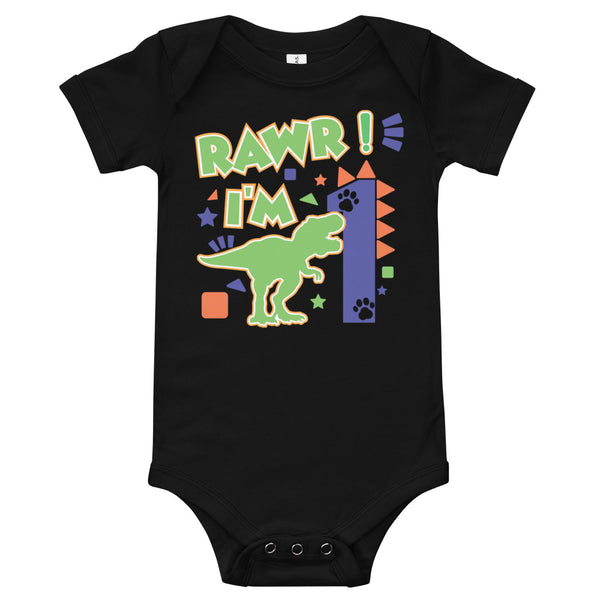 Rawr I'm 1 (One) - 1st First Birthday Dinosaur Shirt - 1 Years Old - Dinosaur Party - Dino Shirt - T Rex Birthday Shirt - Trendy Kids Shirt, Baby short sleeve one piece