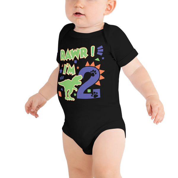 Rawr I'm 2 (Two) - 2nd Second Birthday Dinosaur Shirt - 2 Years Old - Dinosaur Party - Dino Shirt - T Rex Birthday Shirt - Trendy Kids Shirt, Baby short sleeve one piece