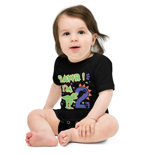 Rawr I'm 2 (Two) - 2nd Second Birthday Dinosaur Shirt - 2 Years Old - Dinosaur Party - Dino Shirt - T Rex Birthday Shirt - Trendy Kids Shirt, Baby short sleeve one piece
