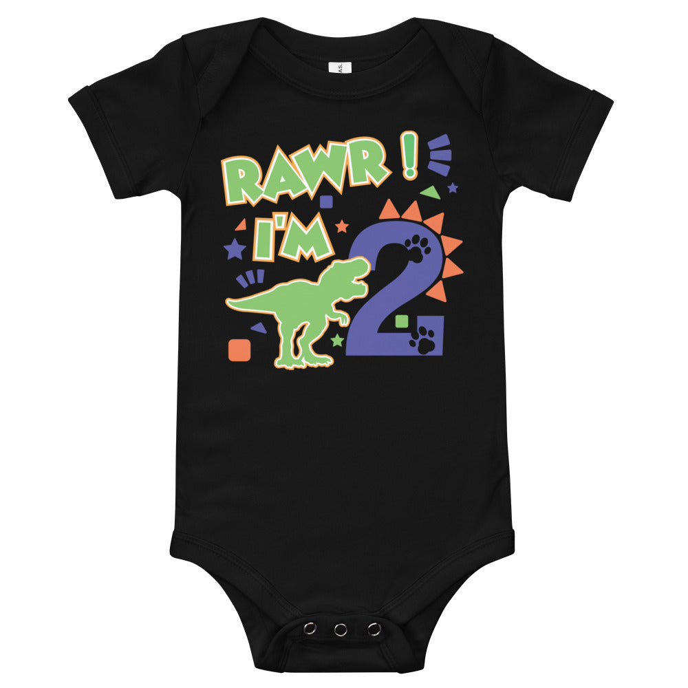 Rawr I'm 2 (Two) - 2nd Second Birthday Dinosaur Shirt - 2 Years Old - Dinosaur Party - Dino Shirt - T Rex Birthday Shirt - Trendy Kids Shirt, Baby short sleeve one piece