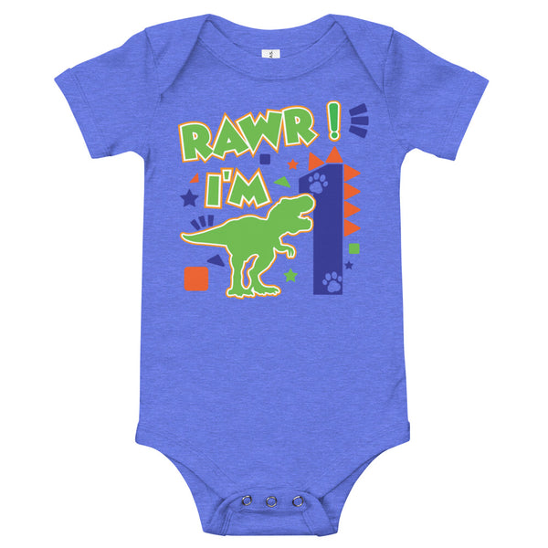 Rawr I'm 1 (One) - 1st First Birthday Dinosaur Shirt - 1 Years Old - Dinosaur Party - Dino Shirt - T Rex Birthday Shirt - Trendy Kids Shirt, Baby short sleeve one piece