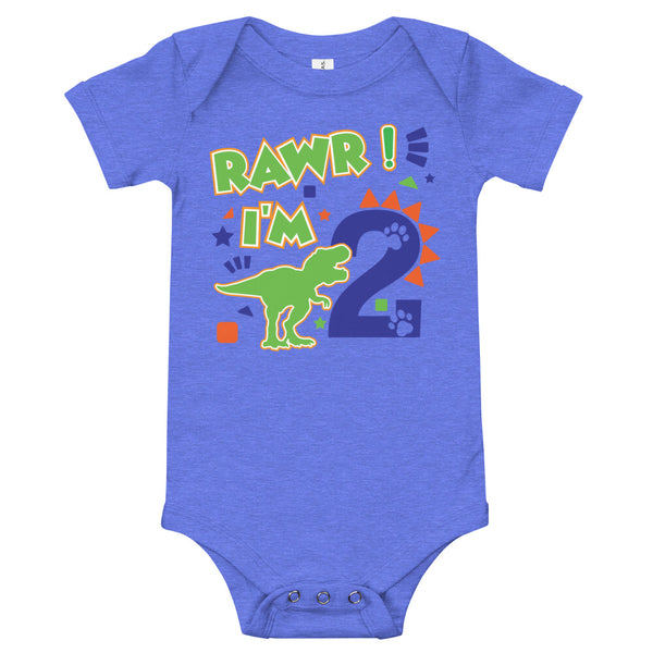 Rawr I'm 2 (Two) - 2nd Second Birthday Dinosaur Shirt - 2 Years Old - Dinosaur Party - Dino Shirt - T Rex Birthday Shirt - Trendy Kids Shirt, Baby short sleeve one piece