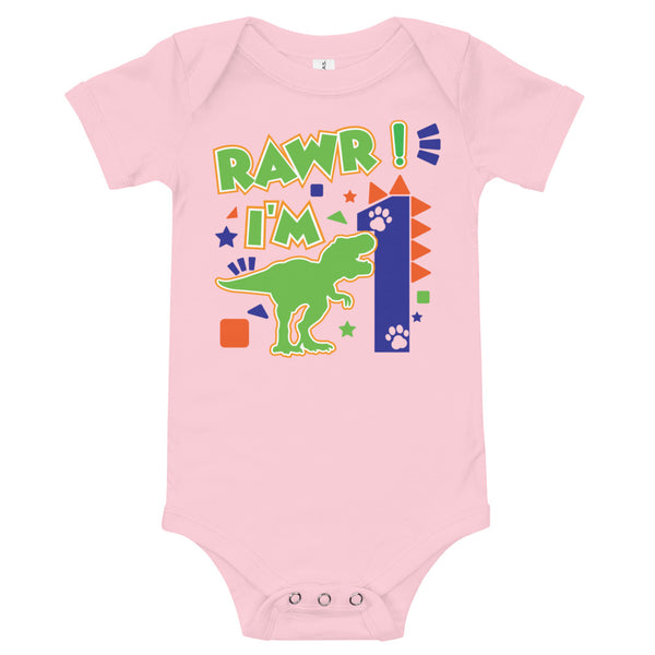 Rawr I'm 1 (One) - 1st First Birthday Dinosaur Shirt - 1 Years Old - Dinosaur Party - Dino Shirt - T Rex Birthday Shirt - Trendy Kids Shirt, Baby short sleeve one piece