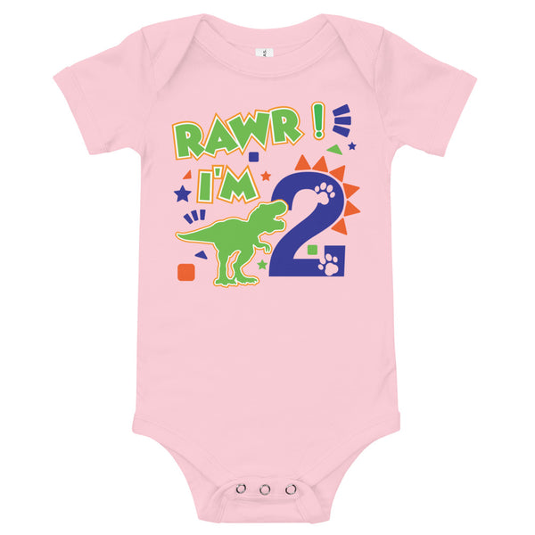 Rawr I'm 2 (Two) - 2nd Second Birthday Dinosaur Shirt - 2 Years Old - Dinosaur Party - Dino Shirt - T Rex Birthday Shirt - Trendy Kids Shirt, Baby short sleeve one piece