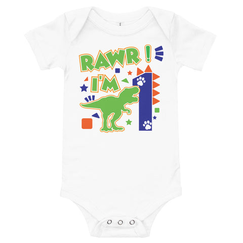 Rawr I'm 1 (One) - 1st First Birthday Dinosaur Shirt - 1 Years Old - Dinosaur Party - Dino Shirt - T Rex Birthday Shirt - Trendy Kids Shirt, Baby short sleeve one piece