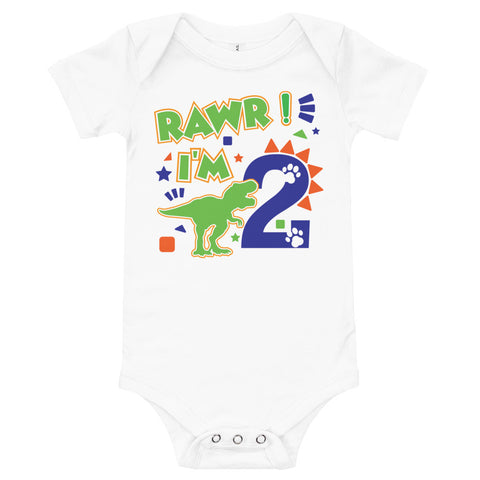 Rawr I'm 2 (Two) - 2nd Second Birthday Dinosaur Shirt - 2 Years Old - Dinosaur Party - Dino Shirt - T Rex Birthday Shirt - Trendy Kids Shirt, Baby short sleeve one piece