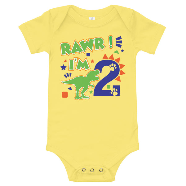Rawr I'm 2 (Two) - 2nd Second Birthday Dinosaur Shirt - 2 Years Old - Dinosaur Party - Dino Shirt - T Rex Birthday Shirt - Trendy Kids Shirt, Baby short sleeve one piece