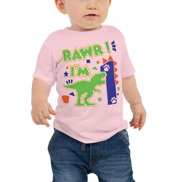 Rawr I'm 1 (One) - 1st First Birthday Dinosaur Shirt - 1 Years Old - Dinosaur Party - Dino Shirt - T Rex Birthday Shirt - Trendy Kids Shirt, Baby Jersey Short Sleeve Tee