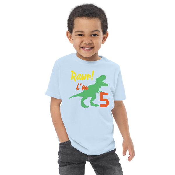 Rawr I'm Five 5th Birthday Dinosaur Shirt, Turning 5, Dinosaur Themed Fifth Birthday Outfit, Baby Boy, Girl, T-Rex Shirt, Trex B-Day Gift, Toddler jersey t-shirt