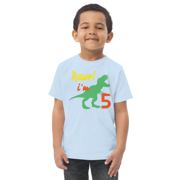 Rawr I'm Five 5th Birthday Dinosaur Shirt, Turning 5, Dinosaur Themed Fifth Birthday Outfit, Baby Boy, Girl, T-Rex Shirt, Trex B-Day Gift, Toddler jersey t-shirt