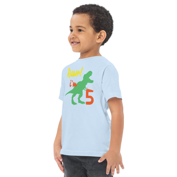 Rawr I'm Five 5th Birthday Dinosaur Shirt, Turning 5, Dinosaur Themed Fifth Birthday Outfit, Baby Boy, Girl, T-Rex Shirt, Trex B-Day Gift, Toddler jersey t-shirt