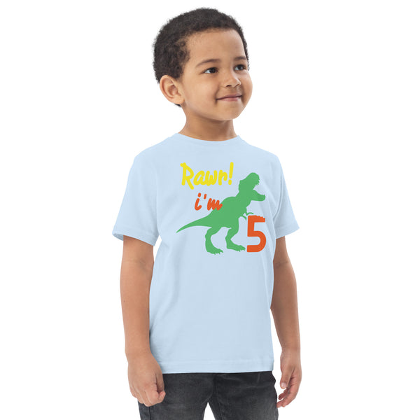 Rawr I'm Five 5th Birthday Dinosaur Shirt, Turning 5, Dinosaur Themed Fifth Birthday Outfit, Baby Boy, Girl, T-Rex Shirt, Trex B-Day Gift, Toddler jersey t-shirt