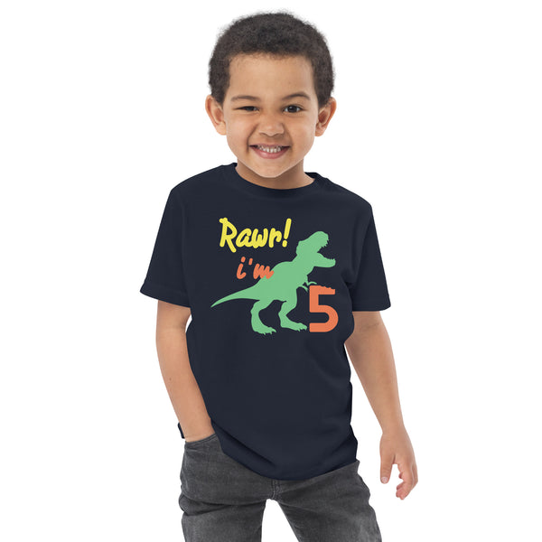Rawr I'm Five 5th Birthday Dinosaur Shirt, Turning 5, Dinosaur Themed Fifth Birthday Outfit, Baby Boy, Girl, T-Rex Shirt, Trex B-Day Gift, Toddler jersey t-shirt