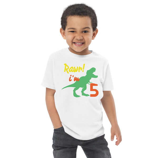 Rawr I'm Five 5th Birthday Dinosaur Shirt, Turning 5, Dinosaur Themed Fifth Birthday Outfit, Baby Boy, Girl, T-Rex Shirt, Trex B-Day Gift, Toddler jersey t-shirt