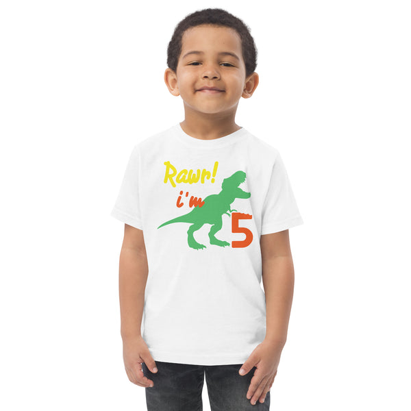 Rawr I'm Five 5th Birthday Dinosaur Shirt, Turning 5, Dinosaur Themed Fifth Birthday Outfit, Baby Boy, Girl, T-Rex Shirt, Trex B-Day Gift, Toddler jersey t-shirt