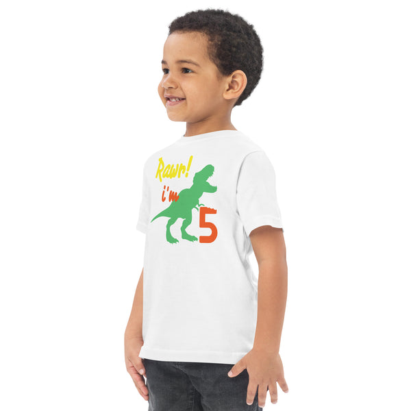 Rawr I'm Five 5th Birthday Dinosaur Shirt, Turning 5, Dinosaur Themed Fifth Birthday Outfit, Baby Boy, Girl, T-Rex Shirt, Trex B-Day Gift, Toddler jersey t-shirt